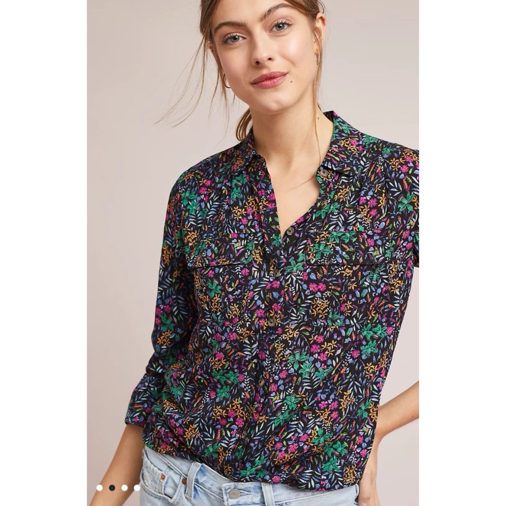 Anthropologie Maeve Floral Button-Front Blouse - Black Multi